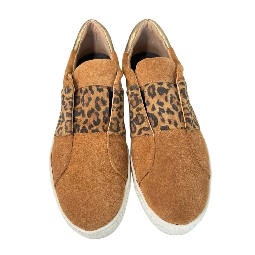 THE FLEXX Womens 9 Suede Leather Slip On Sneakers COMMUTER Flats TAN LEOPARD